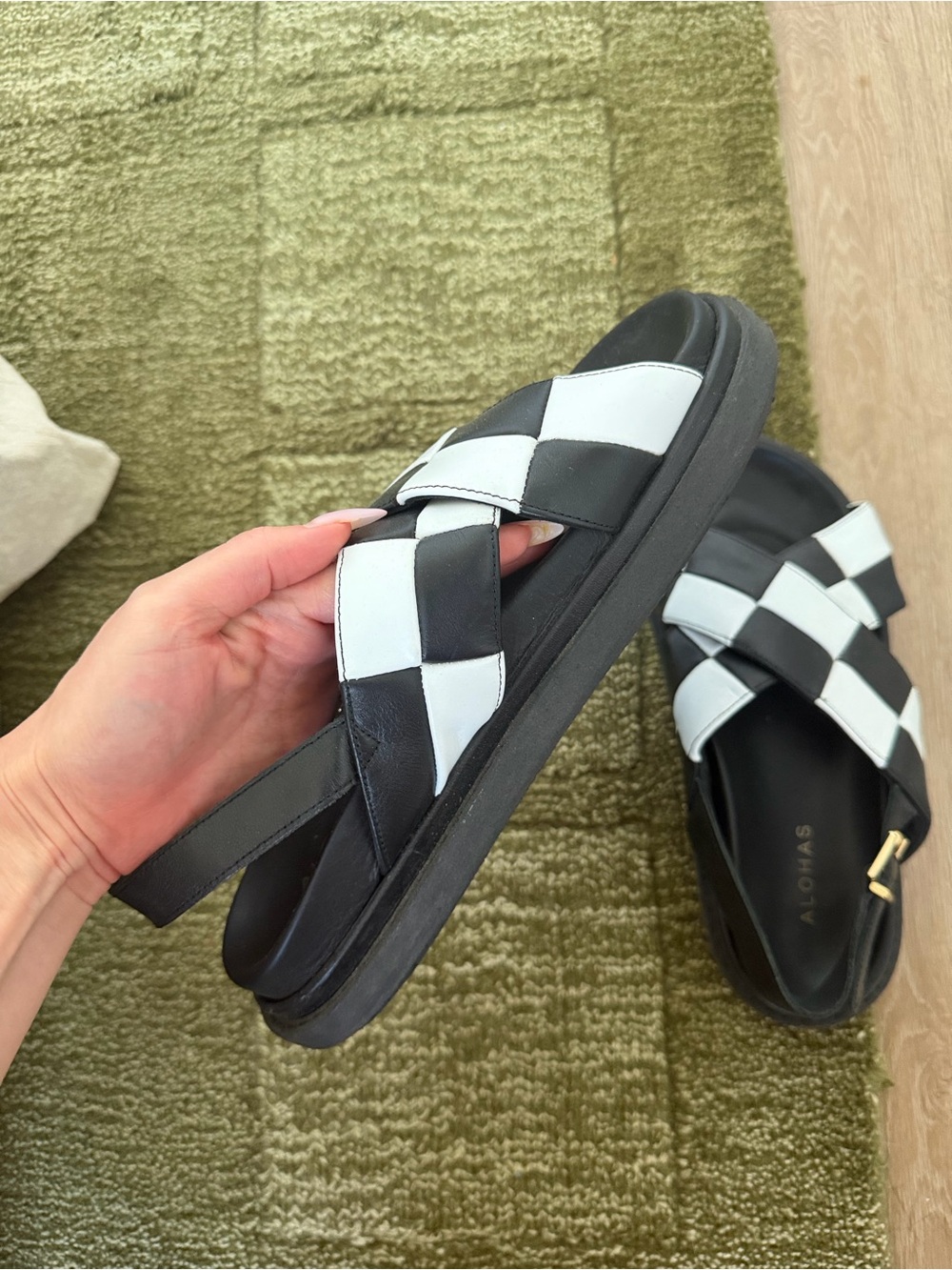 Alohas Size 40 US 10 black white checker marshmallow scacchi sling back sandals - Picture 2 of 3